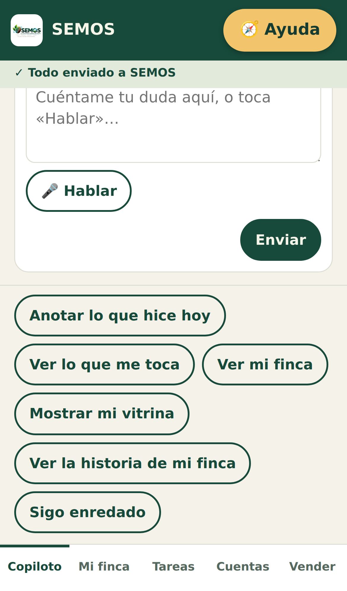 Botón Ayuda de SEMOS que abre el cuadro de dudas con micrófono